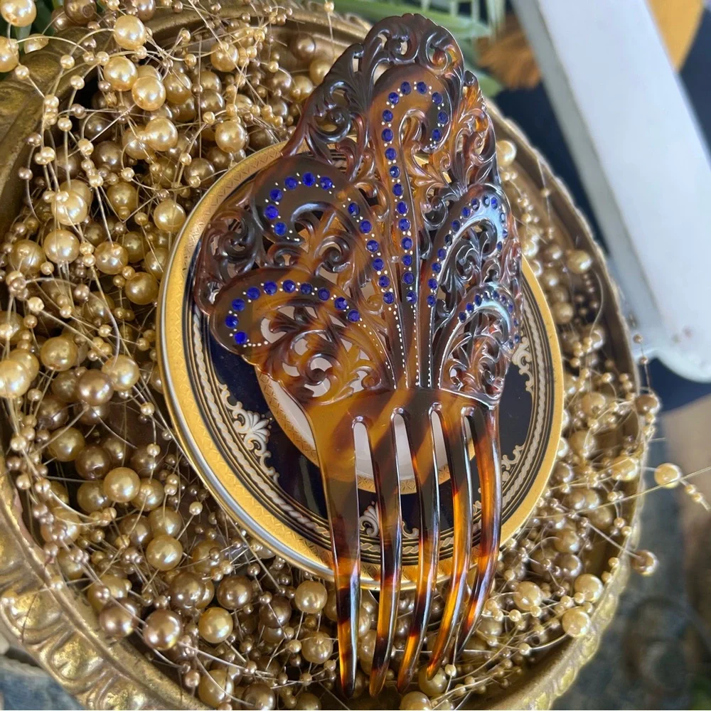 Vintage Victorian Blue Crystal Celluloid Tortoise Hair Comb